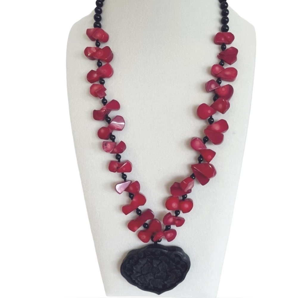 Red and Black Tagua Nut Necklace with Pendant